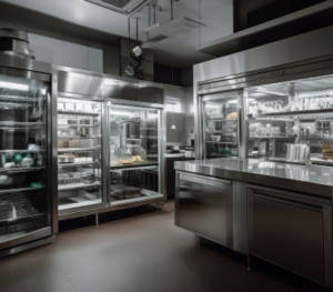 Restaurant kitchen with stainless steel appliances